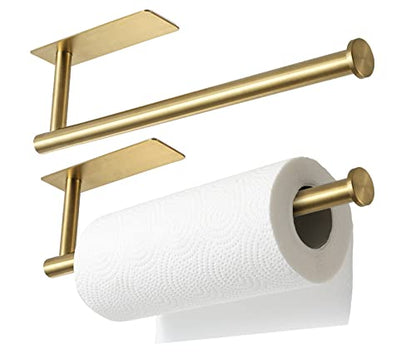 theaoo Under Cabinet Paper Towel Holder for Kitchen, Adhesive, 2 Pack Gold | Self-Adhesive or Screw Mount for Cabinets and Walls; Durable SUS304 Stainless Steel Fits Standard and Jumbo Rolls - color: Gold 2pc
