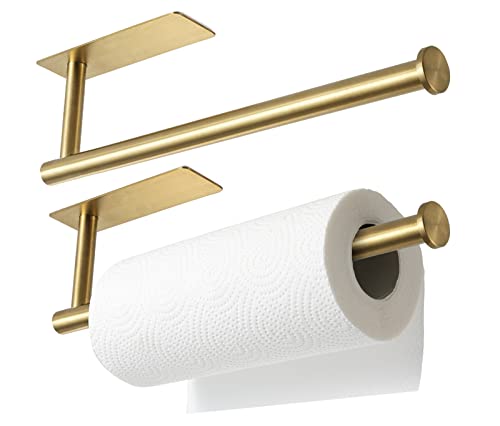 theaoo Under Cabinet Paper Towel Holder for Kitchen, Adhesive, 2 Pack Gold | Self-Adhesive or Screw Mount for Cabinets and Walls; Durable SUS304 Stainless Steel Fits Standard and Jumbo Rolls - color: Gold 2pc