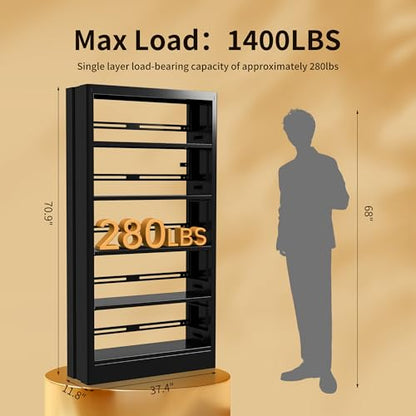 70.9" H Metal Bookshelf, Adjustable Bookcase, 5-Tier Heavy Duty Bookshelf with Bookend, Tall Bookshelves, Bookcase Shelf for Living Room, Office, Library,Classroom (Black-37.4W) - color: Black, size: 37.4" Wide