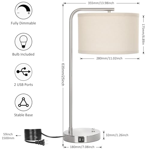 Table Lamp for Living Room, Modern Bedside Lamp with USB C+A Ports, Fully Dimmable Nightstand Lamp with Beige Drum Shade, Silver Finish Side Table Lamp for Bedroom Office, 3000K LED Bulb Included - color: Silver