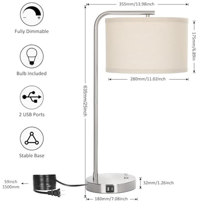 Table Lamp for Living Room, Modern Bedside Lamp with USB C+A Ports, Fully Dimmable Nightstand Lamp with Beige Drum Shade, Silver Finish Side Table Lamp for Bedroom Office, 3000K LED Bulb Included - color: Silver