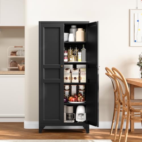 Yizosh Metal Pantry Cabinet,Tall Kitchen Pantry Storage Cabinet with Doors and Adjustable Shelves - 61" Black Cupboard Cabinet for Kitchen, Living Room,Dining Room,Home - color: Black, size: 61"- 4 Adjustable Shelves