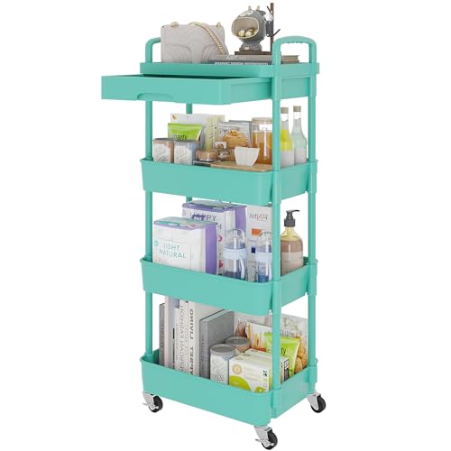 Calmootey 4-Tier Rolling Utility Cart with Drawer,Multifunctional Storage Organizer with Plastic Shelf & Metal Wheel,Storage Cart for Kitchen,Bathroom,Living Room,Office,Green | Space-Saving Organizer, Sturdy Plastic Shelves, Smooth-Rolling Metal Wheels,