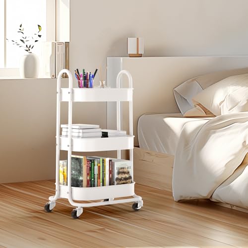 EAGMAK 3 Tier Rolling Cart, Round Metal Utility Cart with Lockable Wheels, Storage Cart Organizer Trolley with Mesh Shelves for Living Room, Kitchen, Bedroom, Office(White)