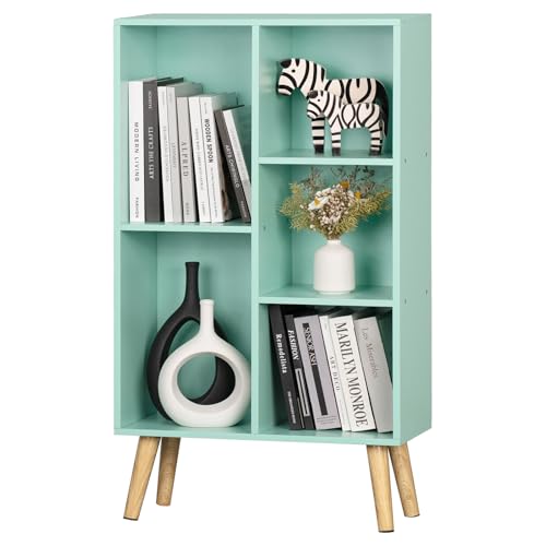 LEYAOYAO 5 Cube Bookshelf, Mid-Century Modern Book Shelf with Legs, Green | 3 Tier Bookcase, Rustic Wood Bookshelves Freestanding Small Storage Organizer, Open Shelves for Bedroom, Living Room, Office - color: Green, size: 5 Cube with Legs