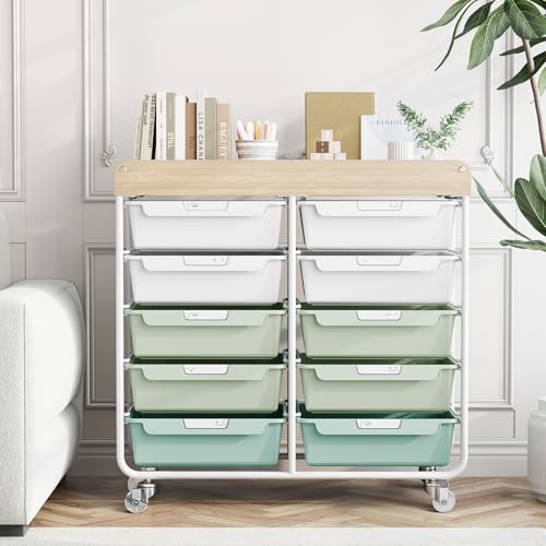 10-Drawer Rolling Cart, Art Cart with Wood Top & Side Handle, Multi-Purpose Craft Organizers and Storage with Lockable Wheels for Classroom, Dormitory, Craft Room and Art Supplies Organization(Green)