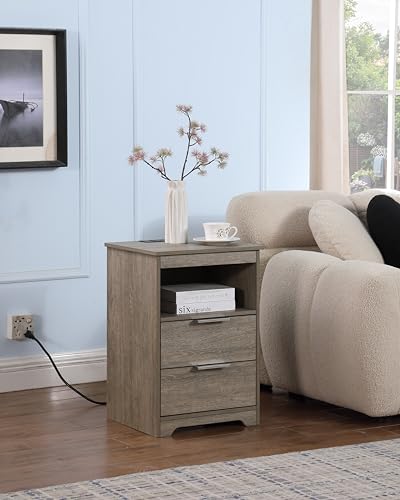 Nightstand with Charging Station,Nightstand with 2 Drawers,Wooden End Table with Drawer and Opening Shelf,Side Table for Bedroom, Rustic Grey - color: Rustic Grey, style: 2 Drawers