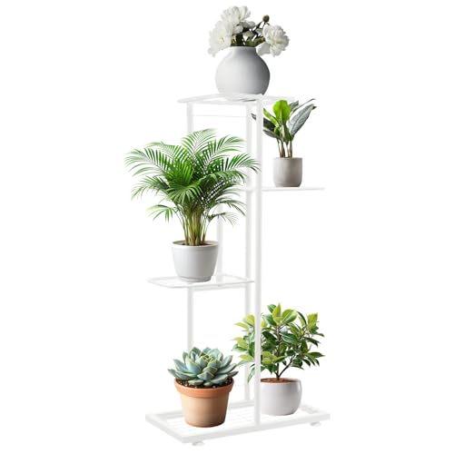 Sutekus 4 Tier 5 Potted Metal Plant Stand, Indoor Flower Pot Shelf, Iron Display Storage Rack for Balcony Living Room Home Decor (White) - color: White