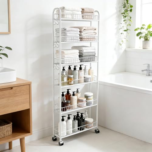 Slim Rolling Storage Cart with Wheels, 6in 6 Tier White | Narrow Space Shelving Unit, Metal Wire Mobile Organizer Rack for Kitchen Bathroom Office Laundry - size: 6in White Cart