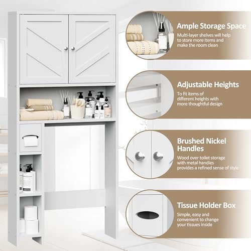 Bathroom Storage Cabinet Over Toilet with Toilet Paper Holder Stand, Freestanding Bathroom Storage Organizer Cabinet Space Saver W/Adjustable Shelf, White - color: White