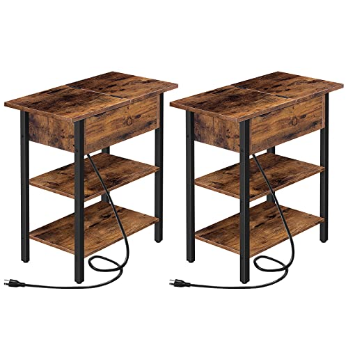 HOOBRO Set of 2 End Tables, Side Table with Charging Station, Flip Top Nightstand with USB Ports and Outlets, Bedside Tables with Shelf for Small Spaces, Living Room, Bedroom, Rustic Brown BF341BZP201 - color: Rustic Brown + Black