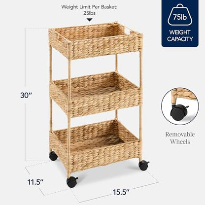 Best Choice Products 3-Tier Water Hyacinth Rolling Nursery Caddy w/Wheels, Utility Cart, Storage Organization for Bathroom, Craft Room, Laundry Room - Natural - color: Natural