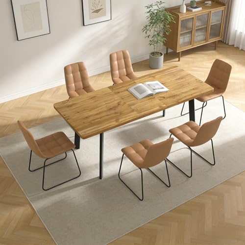 Extendable Dining Table Set for 6 to 8 People, 63" to 78.7" Modern Kitchen Table Set with 6 Chairs, MDF Dining Room Table and Chairs with Removable Extension Leaf (Walnut Table+U-Shaped Brown Chairs) - color: 63'' - 78.7'' Walnut Table+6 U Brown Chairs