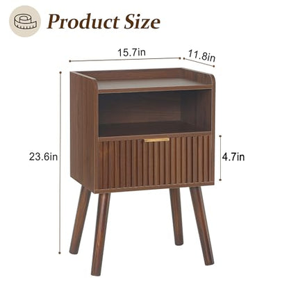 Night Stand, Mid Century Modern Nightstand with Fluted Drawers and Open Shelf, Small Accent Bedside Table for Bedroom, Living Room, and Small Spaces (Walnut Brown) - color: Walnut Brown