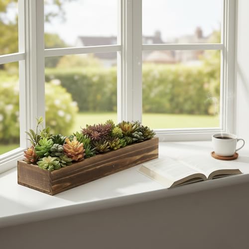 MyGift Artificial Succulent Centerpiece, 15.75 Inch Faux Succulents Arrangement Plants in Rustic Burnt Wood Rectangular Planter Box - color: Burnt Wood