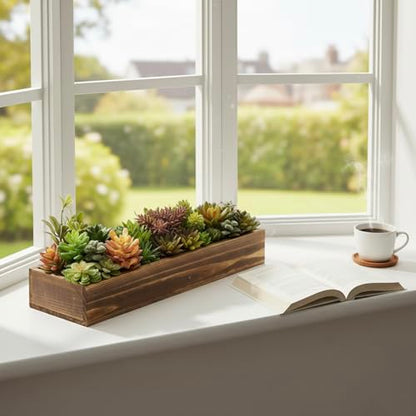 MyGift Artificial Succulent Centerpiece, 15.75 Inch Faux Succulents Arrangement Plants in Rustic Burnt Wood Rectangular Planter Box - color: Burnt Wood