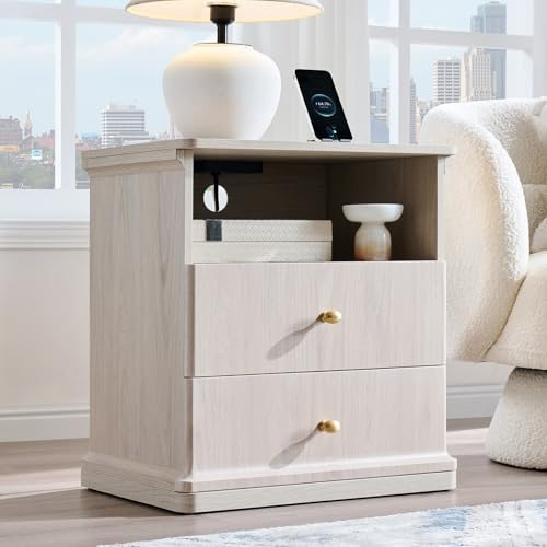 23.6" Tall Modern Nightstand with Charging Station, Wood Bedside Table w/2 Storage Drawers & Open Shelf, Mid Century Night Stand for Bedroom, Curved Waterfall Edge, Metal Handle, Cream - color: Cream, size: 2 Drawers