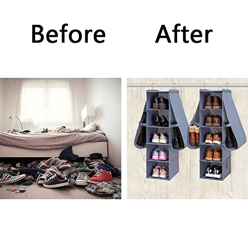 Hanging Shoe Organizer for Closet Footwear Boots Storage Shelf | Hang Closet Organization Storing Shelves Rack Display Shoes Boots Clothes 10-Shelf 4 Pockets Space Saver Oxford Cloth 2 Pack