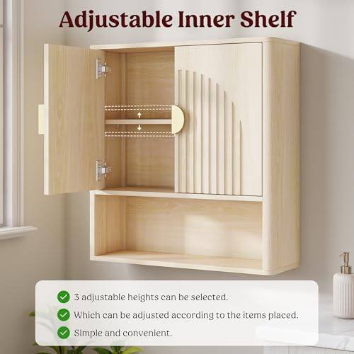 Lulive Bathroom Wall Cabinet with Adjustable Wood Shelf, Fluted Medicine Cabinet with 2 Doors, Over The Toilet Storage Cabinet for Laundry Room, Kitchen, Living Room, Natural