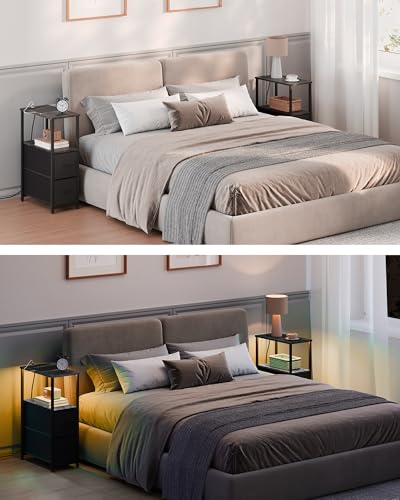 TUTOTAK Small Narrow LED End Table with Charging Station, Side Table Outlets, Nightstand with 2 Cloth Drawers, Set of 2, Couch Table, for Living Room, Bedroom, Bedside, Charcoal Grey TB01BY056 - color: Charcoal Grey, style: 2 Drawers with Plug & Light