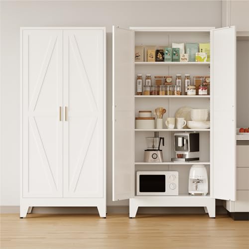 COFaR Metal Pantry Cabinet with Doors, Farmhouse 71'' Tall Storage Cabinet with 4 Adjustable Shelves, Kitchen Pantry Cabinet for Dinning Room, Laundry, Bathroom, Garage, White 5-Tier - color: White, size: 71 Tall 2 Doors-Farmhouse