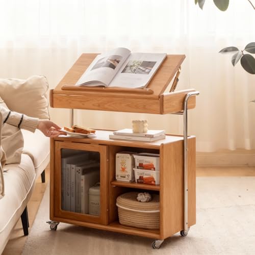 Solid Wood Side Table with Wheels, Flip Top Side Table with Storage, Multi-Functional Storage Cabinet with Ample Space for Living Room, Bedroom(13.77" D x 26.77" W x 28.22" H, Natural) - color: Natural