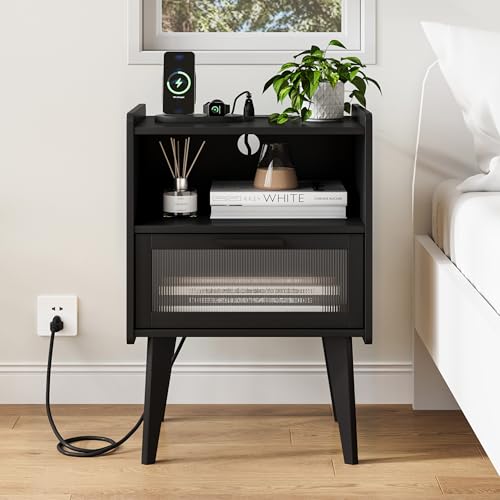 MMEOLUOOK Nightstand with Charging Station, Bedside Tables, End Table Side Table with 2 Tiers Storage Space, for Bedroom, Living Room, Black CAMLBZ07BE - color: Black