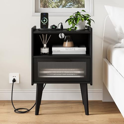 MMEOLUOOK Nightstand with Charging Station, Bedside Tables, End Table Side Table with 2 Tiers Storage Space, for Bedroom, Living Room, Black CAMLBZ07BE - color: Black