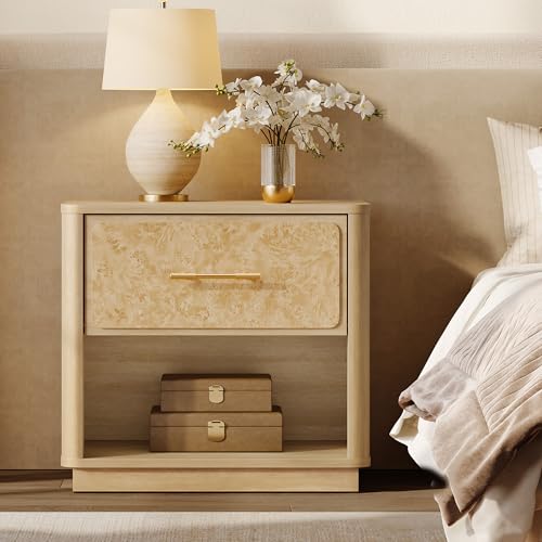 SICOTAS Night Stand 24.8" Wide Modern Nightstand with Deep Drawer & Rounded Corners Large Burl Wooden Nightstands Sturdy Bedside Table Easy Assembly End Tables for Bedroom Sofa Office - color: Light Burl Wood, size: 1 Piece