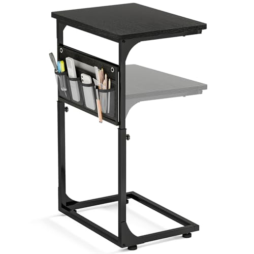 Fixwal C Shaped Side Table Adjustable Height End Table for Couch Small Sofa Table TV Tray with Storage Bag for Living Room, Bedroom & Office, Black - color: Black, style: Wide Board