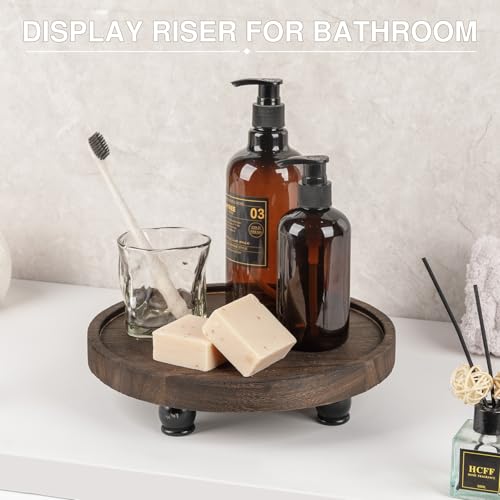 Tikea Round Wood Riser, Farmhouse Riser for Decor, Rustic Display Tray 10in | Pedestal Stand for Kitchen & Bathroom Counter Decor, Wood Riser for Plants and Soap Dispensers - Boho Home Decor, Brown
