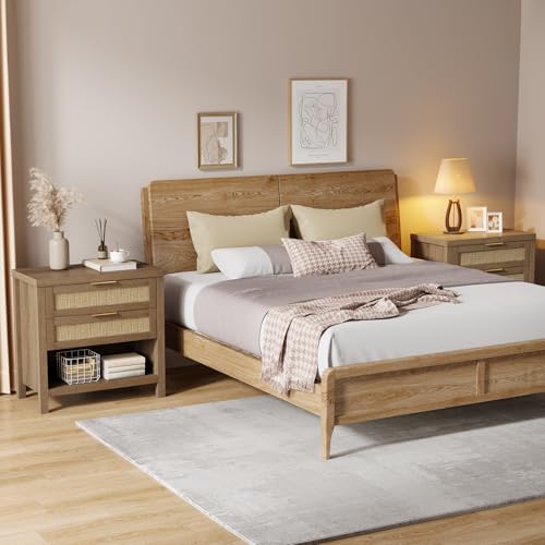 Eclatara Rattan Nightstands Set of 2, Farmhouse Bedside Table with 2 Drawers and Storage Shelf, Rattan Boho Accent Night Stands for Bedroom Large Space Sofa (2, Reclaimed Caramel Oak) - color: Caramel Oak (Large 2 Drawer)