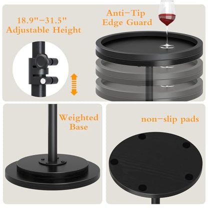 Small Side Table, Drink Table, Height Adjustable Round End Table, Pedestal Side Table for Small Spaces in Living Room, Bedroom, Black - color: Black-standard