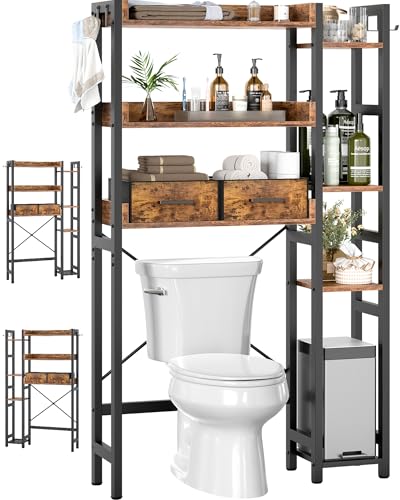 Besiost Over The Toilet Storage, 7 Tier Bathroom Organizer with Reversible Side Shelf and 2 Fabric Drawers, Adjustable Freestanding Rack Space Saver for Small Spaces, Rustic Brown - color: Rustic Brown, size: 31.1"W
