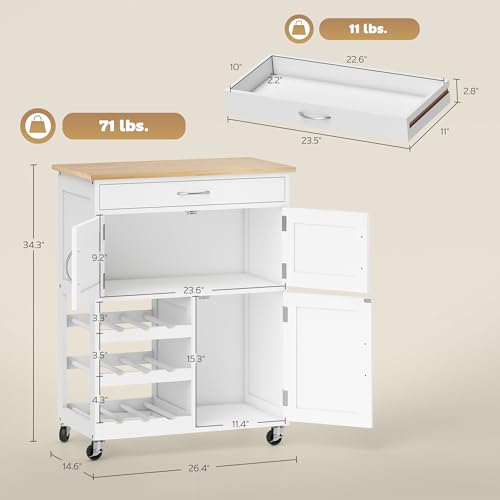 HOMCOM Bar Cart on Wheels with 9-Bottle Wine Rack, Wooden Countertop, White | Rolling Kitchen Island, Small Kitchen Cart, Wide Drawer, Island Table
