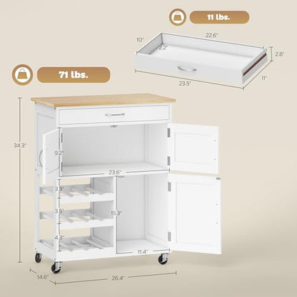 HOMCOM Bar Cart on Wheels with 9-Bottle Wine Rack, Wooden Countertop, White | Rolling Kitchen Island, Small Kitchen Cart, Wide Drawer, Island Table