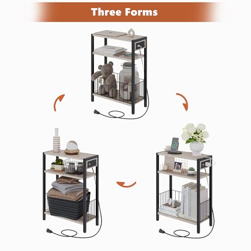 TRIFEBLE Narrow Side Table with Charging Station, Small End Table for Small Spaces, Slim Nightstand with Storage Basket, 3 Tier Skinny Bedside Table for Living Room, Bedroom, Greige - color: Greige, style: With Basket & Power
