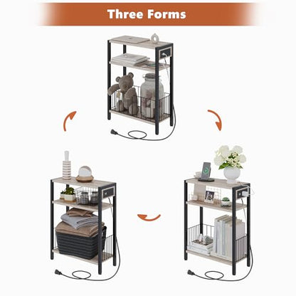 TRIFEBLE Narrow Side Table with Charging Station, Small End Table for Small Spaces, Slim Nightstand with Storage Basket, 3 Tier Skinny Bedside Table for Living Room, Bedroom, Greige - color: Greige, style: With Basket & Power