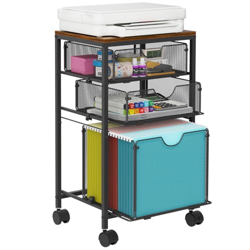 BOHDK Rolling File Cart with 3 Storage Drawers, Wood & Mesh Hanging File Folder Organizer with Wheels Under Desk, File Cabinets for Home Office, 11.81" D x 14.8" W x 25.39" H, Black - color: Rustic Brown & Black