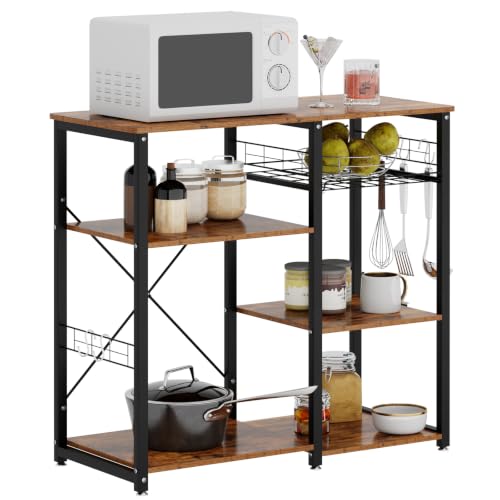 soges 3-Tier Kitchen Baker's Rack, Compact Microwave Stand, Rustic Brown | Space-saving for Apartments, Kitchen, Pantry, Living Room, Sliding Storage Basket, 5 Hooks, Sturdy X-Frame, Easy Assembly - color: Rustic Brown