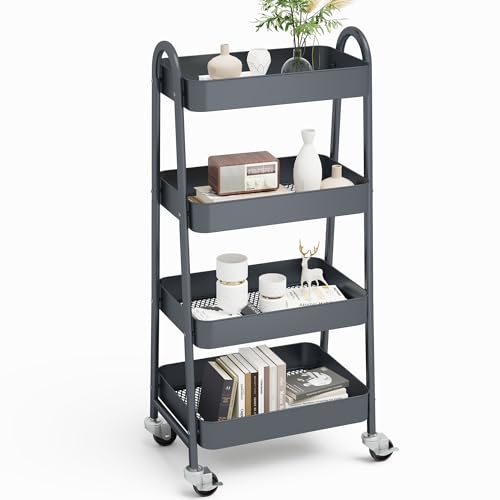 NEWBULIG 4-Tier Metal Rolling Storage Cart, Heavy Duty Mobile Utility Organizer Shelf with Lockable Wheels, Multifunctional Trolley for Daily Supplies, Home Indoor Daily Use, Grey - color: Gray, size: 4 Shelves