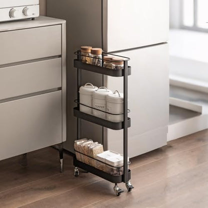 Rolling Storage Cart, 3 Tier Bathroom Organizer Mobile Shelving Unit, Metal Utility Cart Tower Rack for Kitchen Laundry Narrow Places(Fully Assembled Furniture, Black) - color: Black
