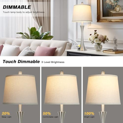 Rinweey 27.5" Silver Table Lamps Set of 2, Touch Bedside Lamps with USB C+A Ports, 3 Way Dimmable Nightstand Lamps for Bedroom, Living Room, Office, Silver Lamp with Beige Lampshade, Bulbs Included - color: Silver (2 Pack)