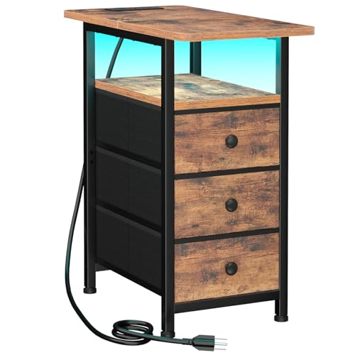 AMHANCIBLE Narrow End Table Living Room with Charging Station, Slim LED Nightstand with Fabric Drawers, Skinny Side Table for Bedroom, Small Spaces, Couch, Rustic Brown, HETN013LBR-1 - color: Brown, style: LED Light & Power