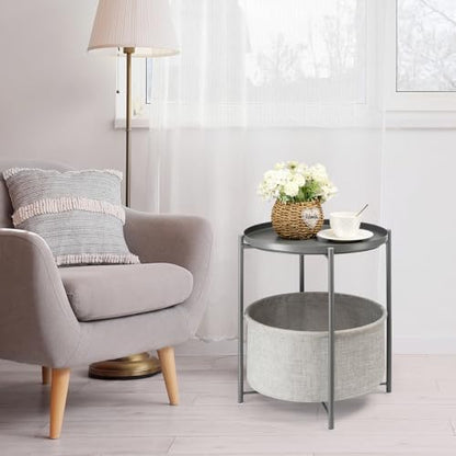 danpinera Round Side Table with Fabric Storage Basket,Small Sofa Table | Metal End Stand for Small Space, Living Room, Bedroom, Nursery, Laundry, Modern Nightstand with Removable Serving Tray, Gray - color: Grey
