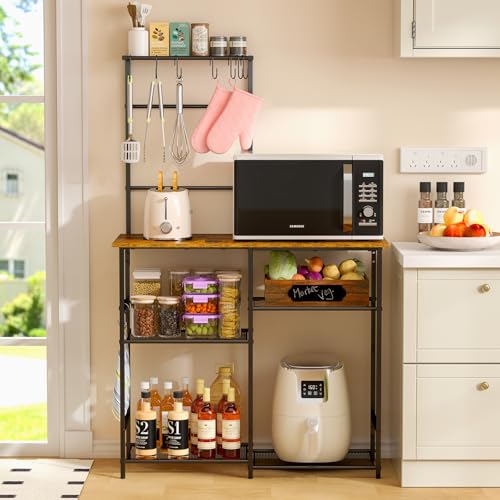 3IngSeagulls Baker's Rack for Kitchen with Storage, Microwave Stand with Adjustable Shelves and 10 S Hooks, 6-Tier Coffee Bar Station, Kitchen Shelves for Spices, Pots, Rustic Brown - color: Brown