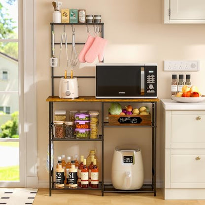 3IngSeagulls Baker's Rack for Kitchen with Storage, Microwave Stand with Adjustable Shelves and 10 S Hooks, 6-Tier Coffee Bar Station, Kitchen Shelves for Spices, Pots, Rustic Brown - color: Brown