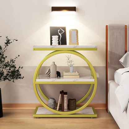 IBUYKE Narrow End Table with 3 Storage Shelves, Industrial Sofa Side Table, Double Round Metal Frames, Slim Nightstand and Bedside Table for Bedroom, Living Room, White with Gold UTMJ418G - color: White With Gold