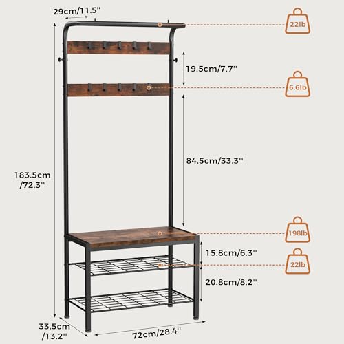 NEWBULIG Coat Rack, Hall Tree with Shoe Bench, 4-in-1 Entryway Organizer with 10 Hooks and Storage Shelf, Rustic Wood Entryway Bench for Mudroom, Living Room, Bedroom, Brown - color: Deep Brown