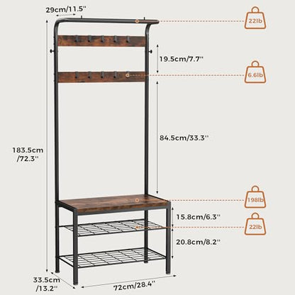 NEWBULIG Coat Rack, Hall Tree with Shoe Bench, 4-in-1 Entryway Organizer with 10 Hooks and Storage Shelf, Rustic Wood Entryway Bench for Mudroom, Living Room, Bedroom, Brown - color: Deep Brown